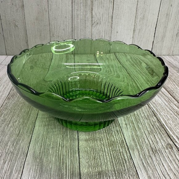 Vintage E.O Brody Bowl Glass Green Scalloped Rim Ribbed Pedestal Base 7" DIA - Picture 4 of 13